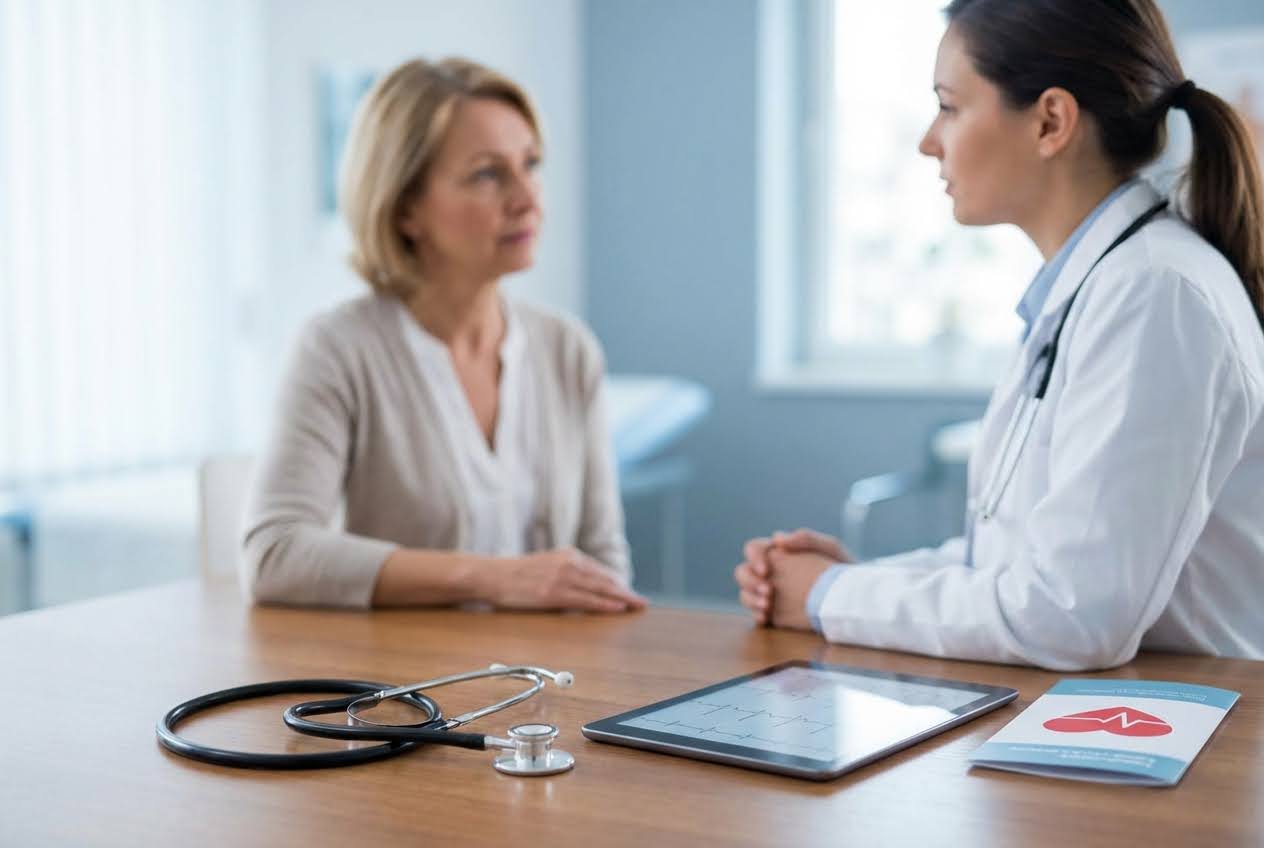 Female doctor and patient discussing medical results on a tablet with a stethoscope and heart brochure on a wooden table.