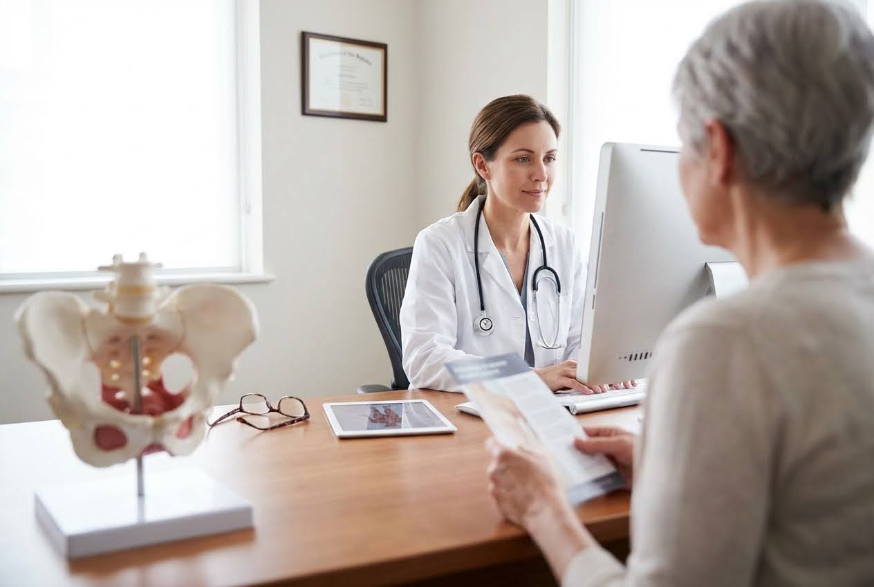 Female doctor at computer talking to a patient holding a brochure, with a pelvic model on the desk.