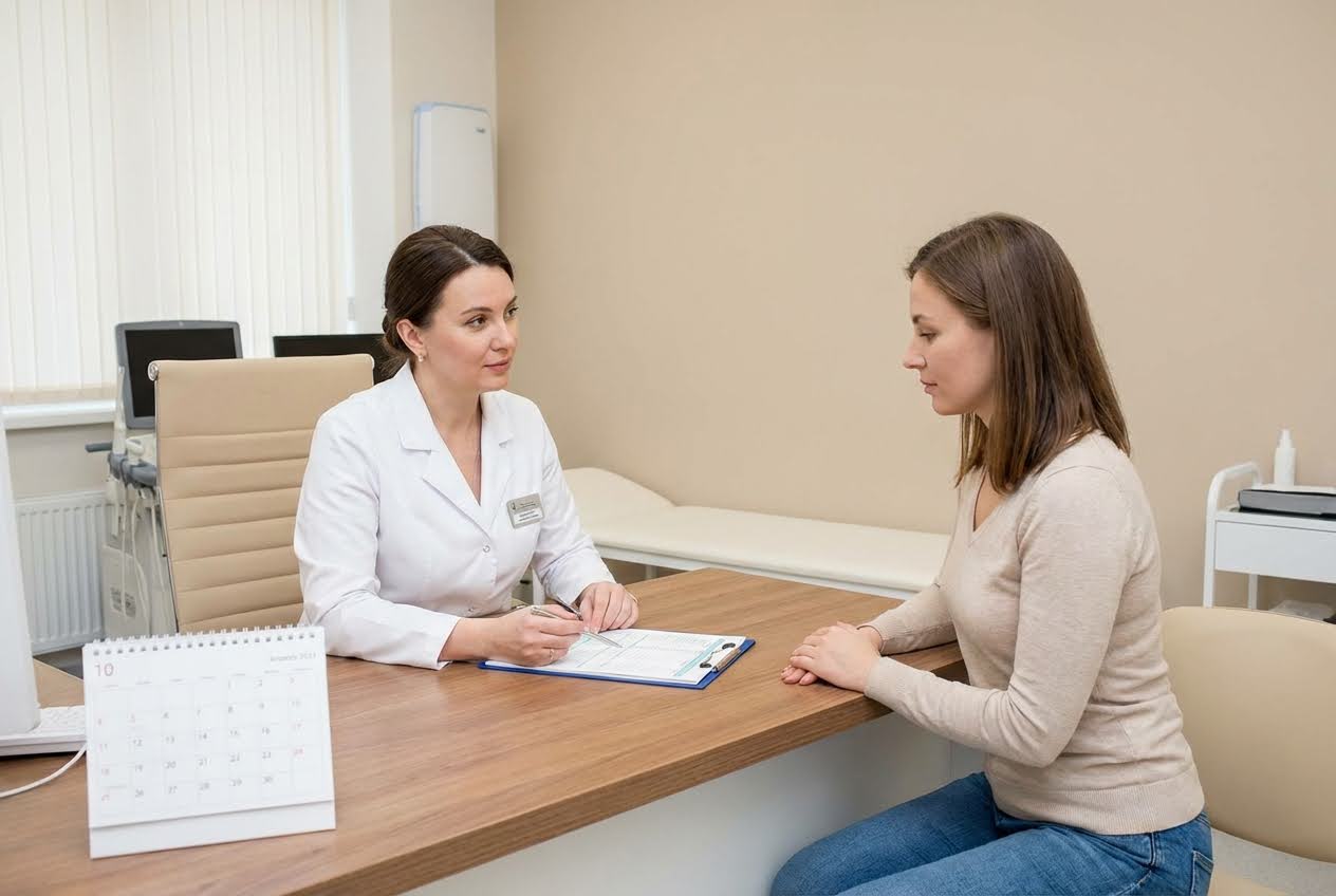 Female doctor in a white coat consults with a female patient across a wooden desk in a neutral-toned medical office.