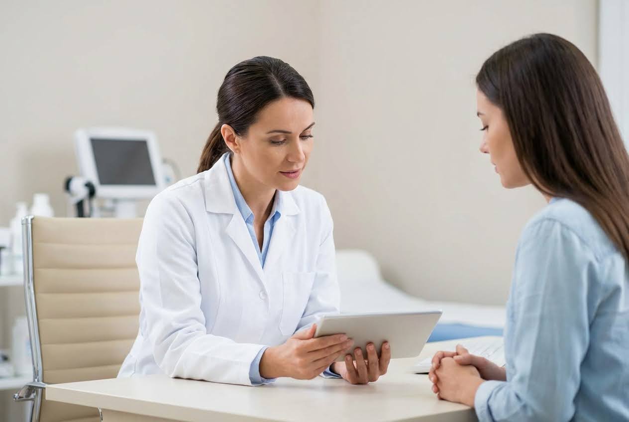 Female doctor in a white coat reviewing a tablet with a female patient in a light blue shirt in a medical office.