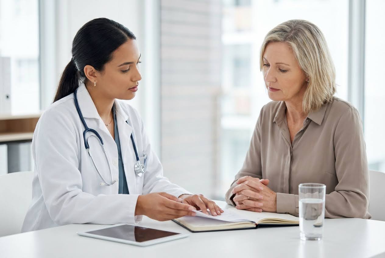 Female doctor in a white coat explaining documents to an older woman in a beige shirt at a white table.