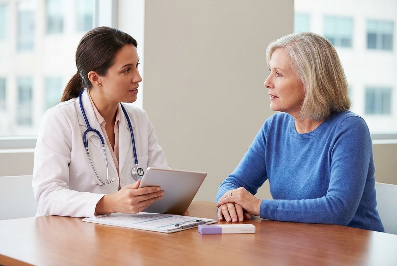 Female doctor in white coat with stethoscope and tablet consults an older woman in a blue sweater at a wooden table.