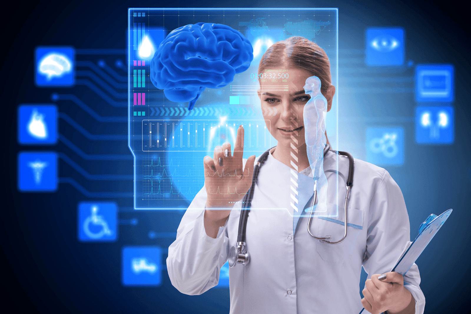 Female doctor interacting with a virtual screen displaying a 3D brain and medical data.