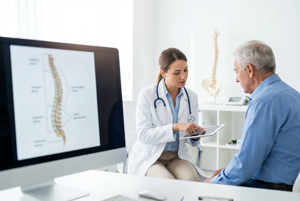 Female doctor showing a male patient a spine diagram on a tablet, with a computer displaying a spine model in the foreground