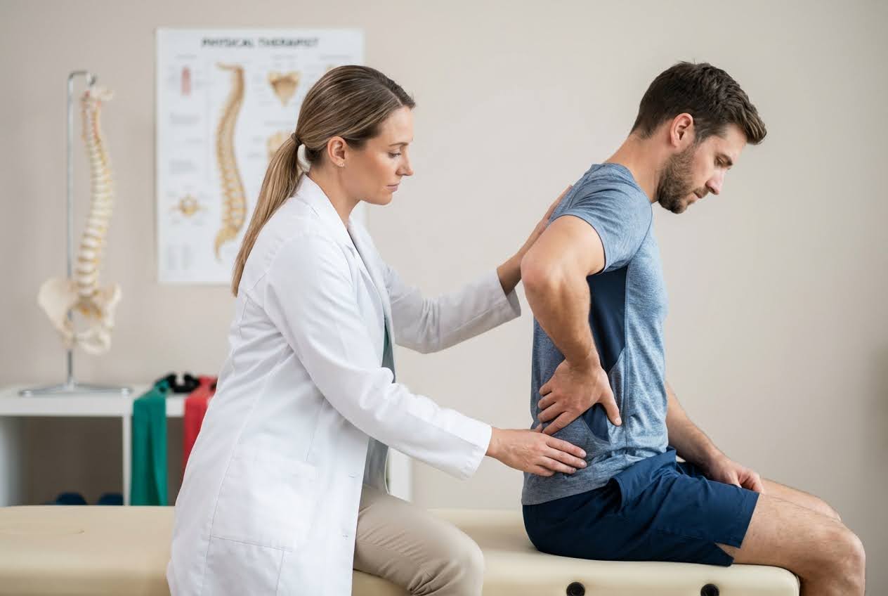 Female physical therapist examining a male patient's lower back pain in a clinic with a spine model in the background.