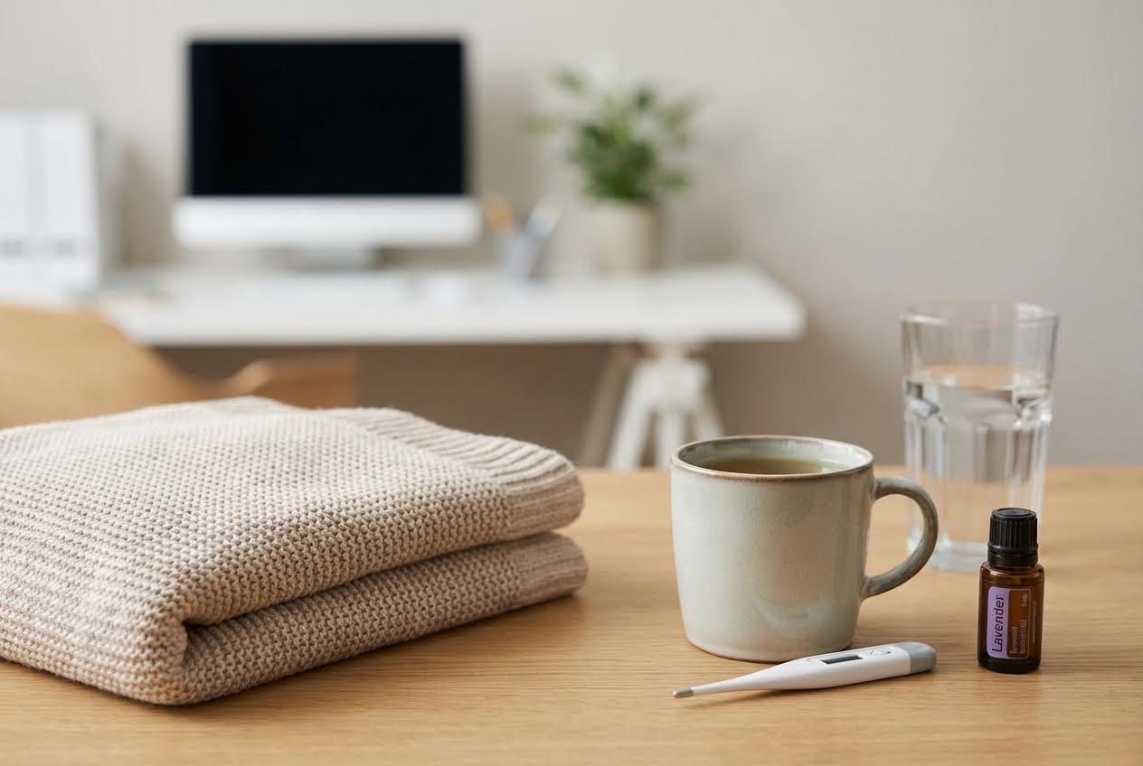 Folded beige blanket, mug of tea, thermometer, lavender essential oil, and water glass on a wooden table.
