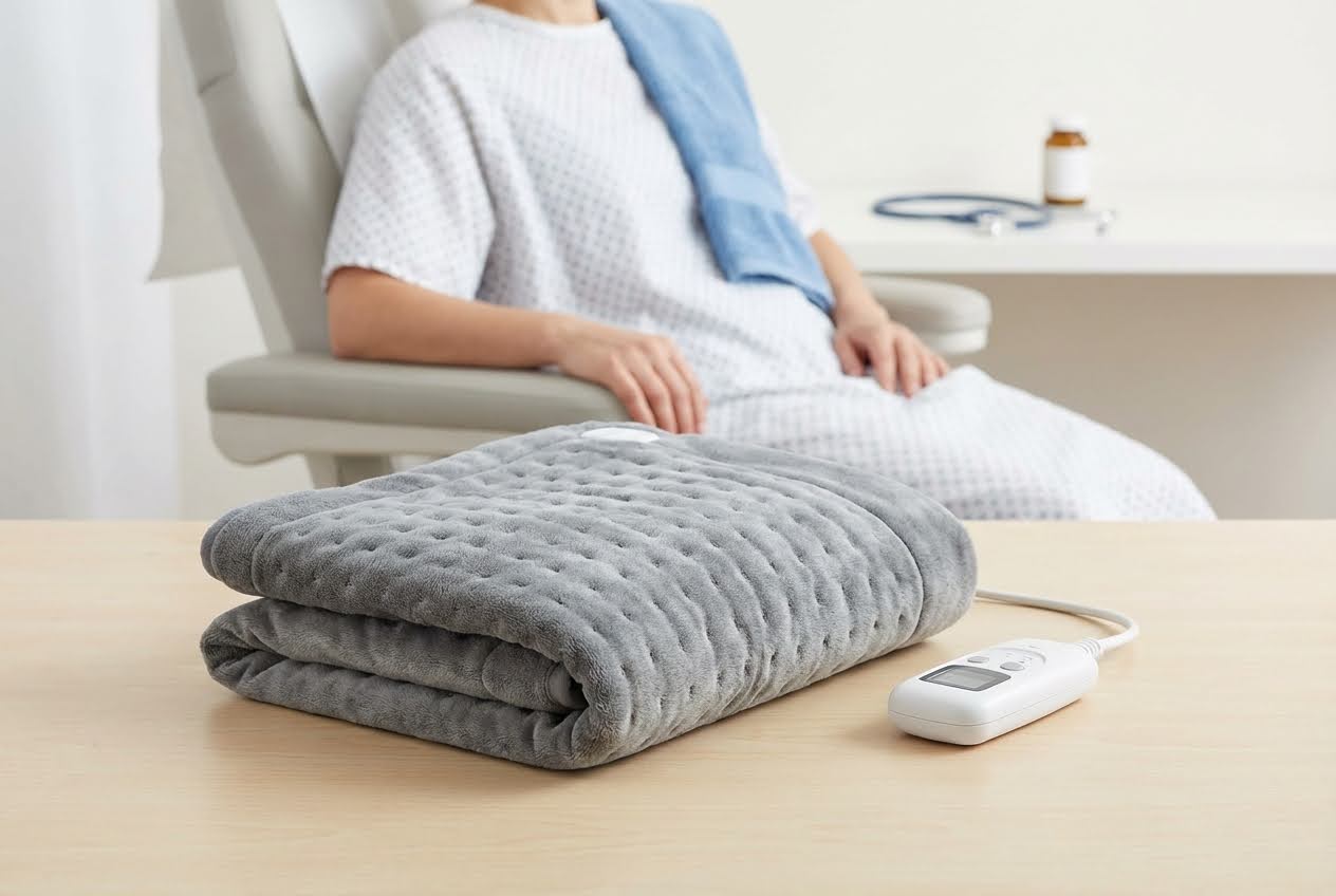 Folded gray heating pad with controller on a table, with a person in a hospital gown in the background.
