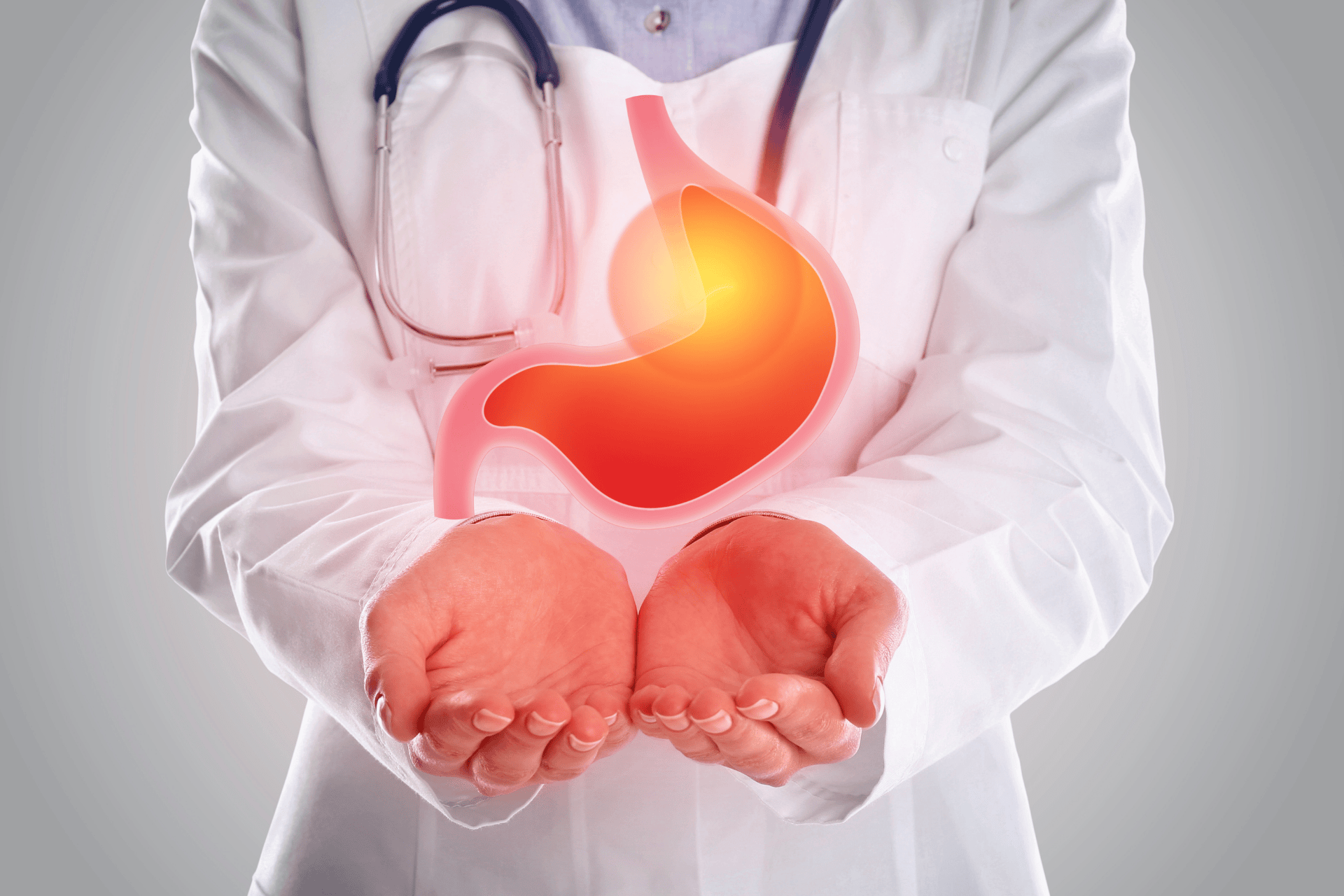 Doctor holding a 3D illustration of a human stomach glowing in red.