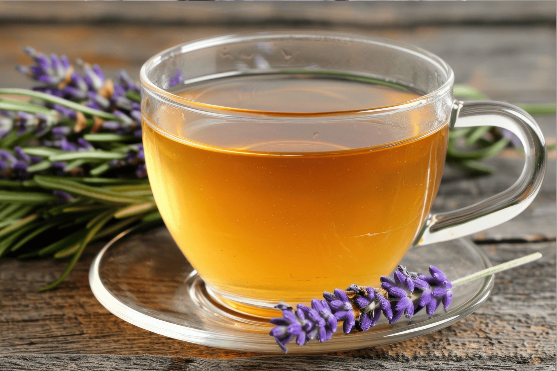 Cup of herbal tea with lavender flowers on a wooden table.