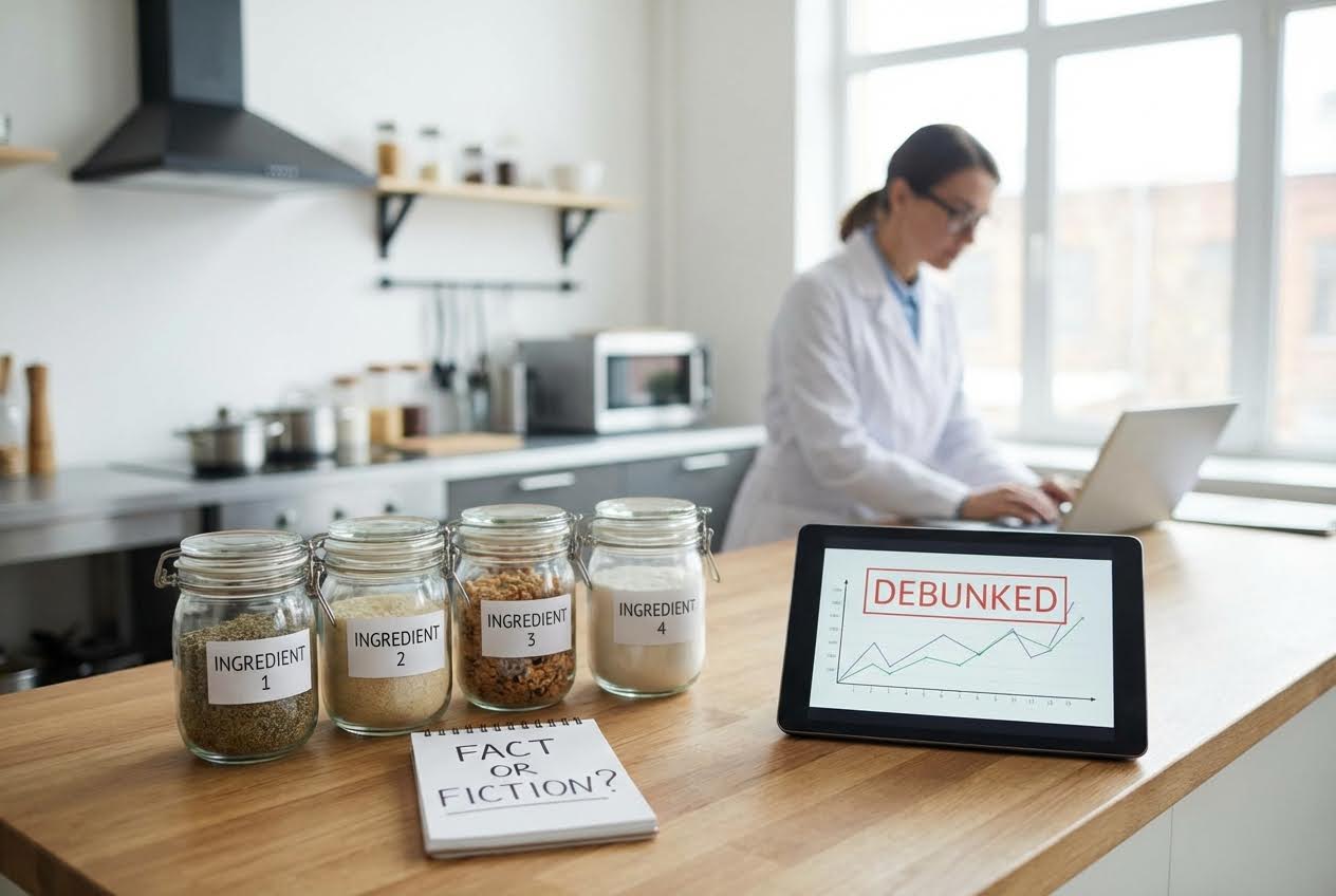 Four ingredient jars and a "Fact or Fiction?" notebook on a counter, with a tablet displaying "DEBUNKED" and a person on a laptop