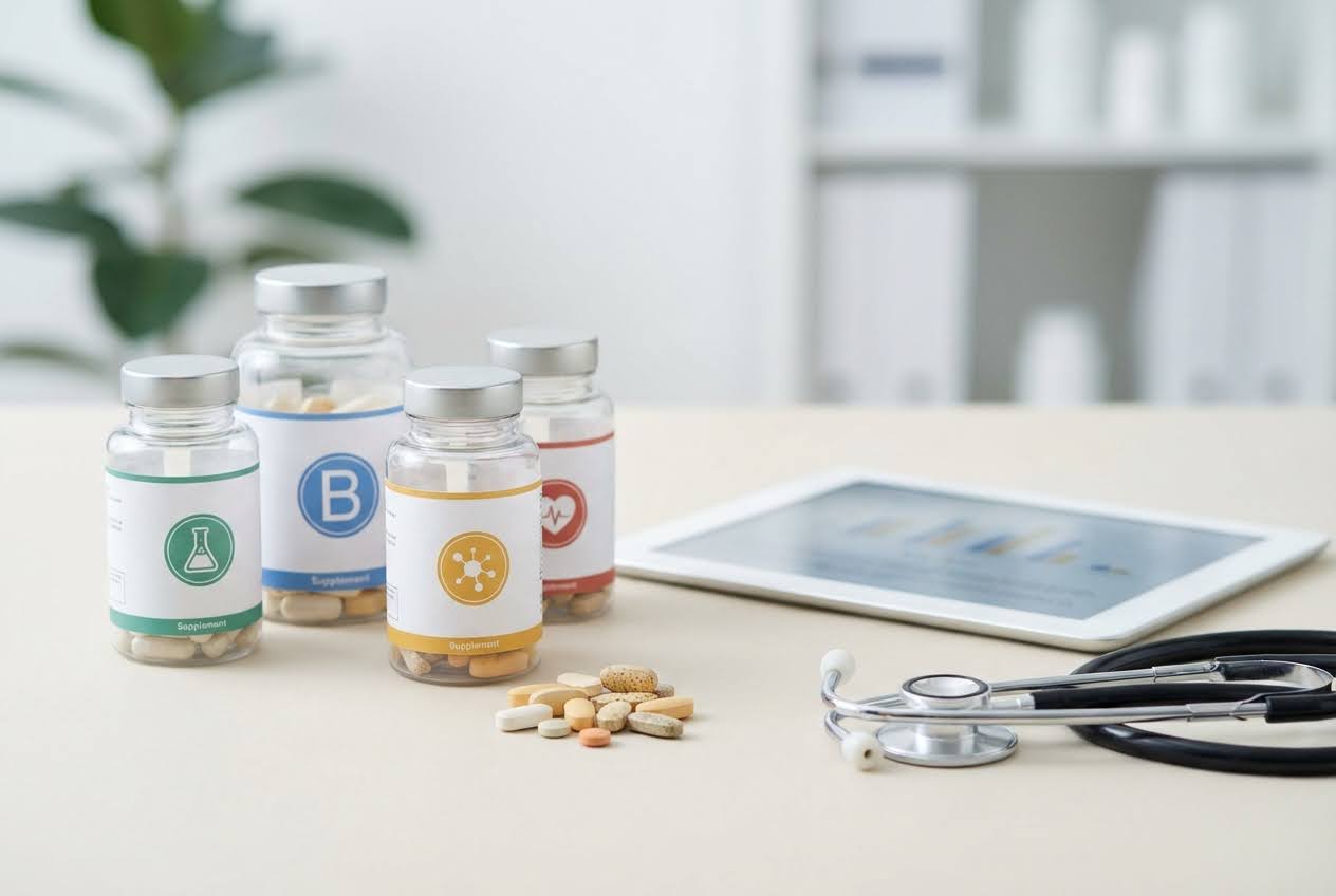 Four supplement bottles, a pile of pills, a tablet with charts, and a stethoscope on a light-colored desk.