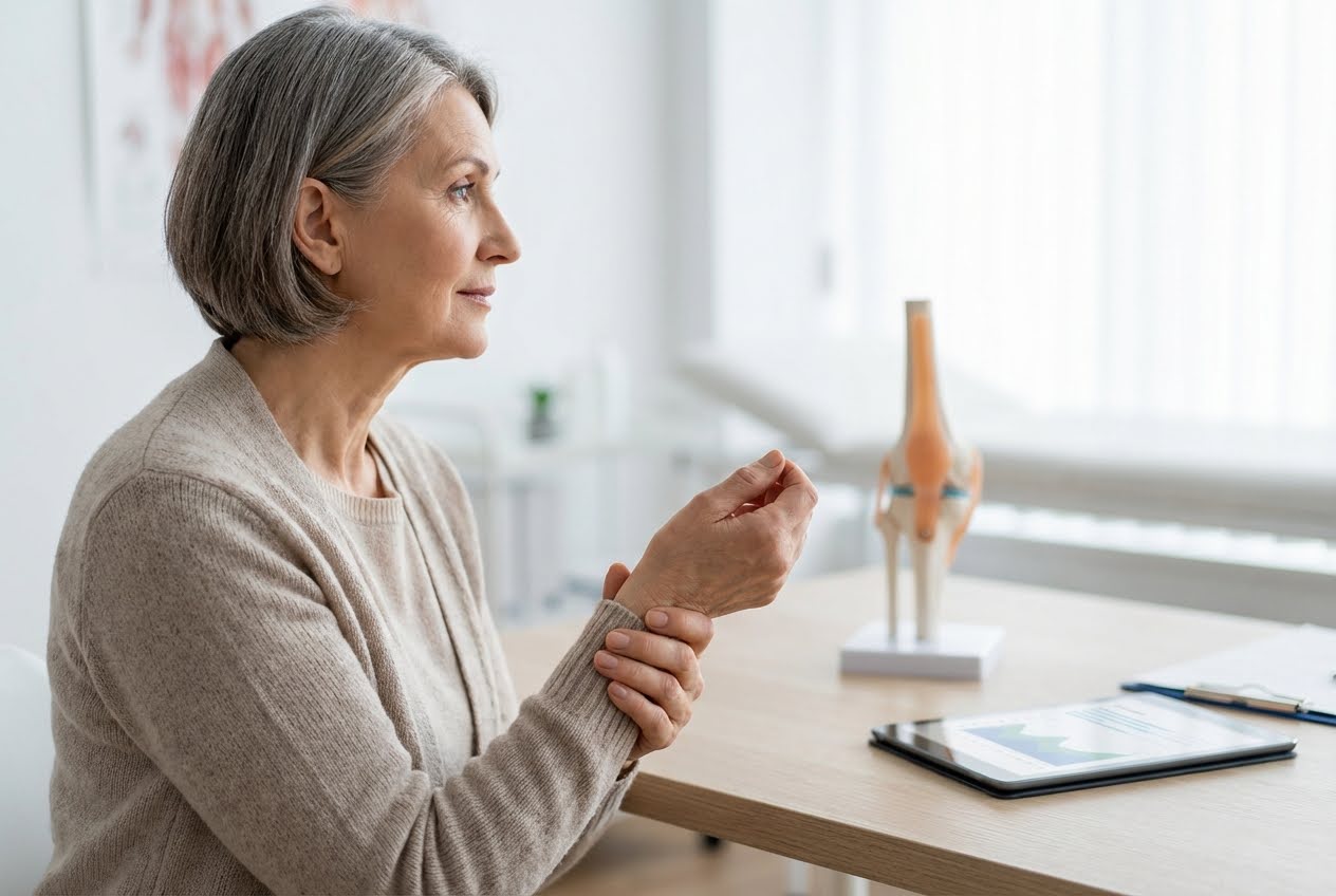 Gray-haired woman holding her wrist in pain, with a knee joint model on a table in a doctor's office.