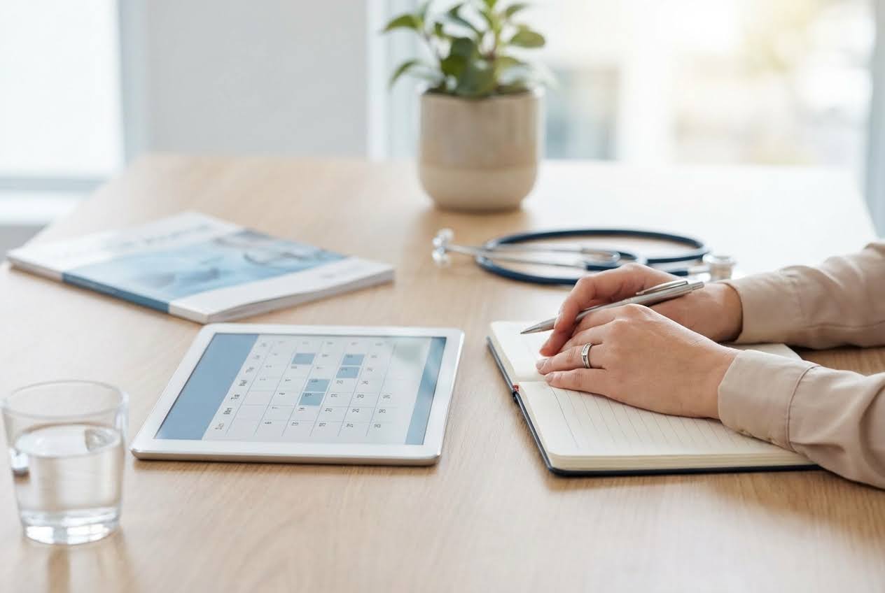 Hands holding a pen over a notebook, next to a tablet displaying a calendar, a stethoscope, and a glass of water.