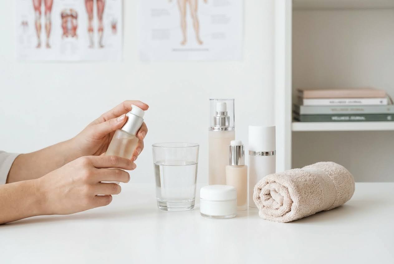 Hands holding a skincare pump bottle, with other bottles, a glass of water, and a rolled towel on a white table.