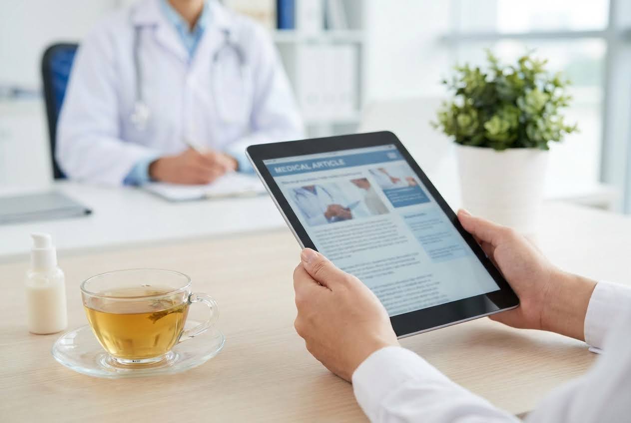Hands holding a tablet displaying a medical article, with a doctor, tea, and a lotion bottle in the background.