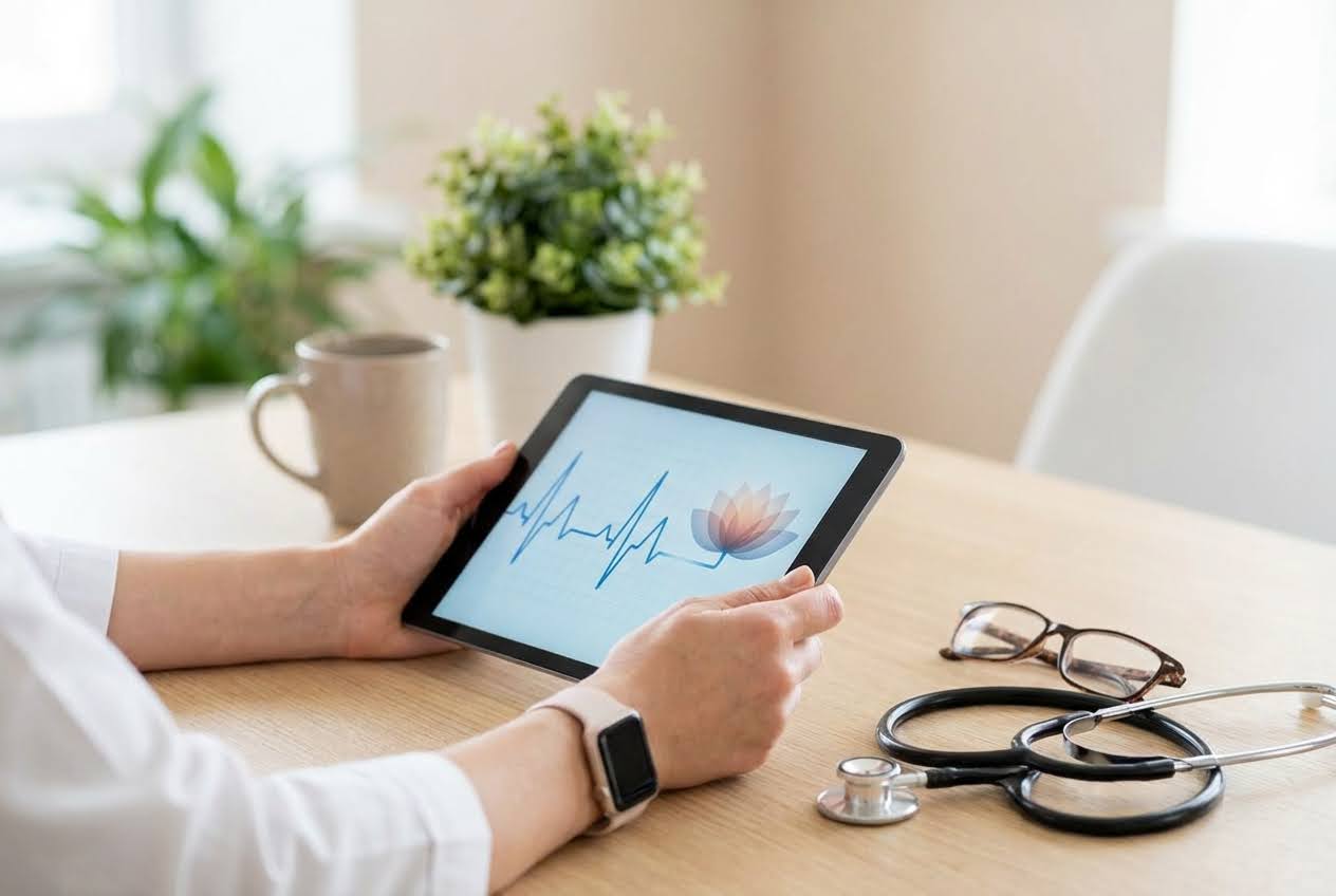 Hands holding a tablet displaying an ECG heartbeat and lotus flower, with a stethoscope and glasses on a wooden desk