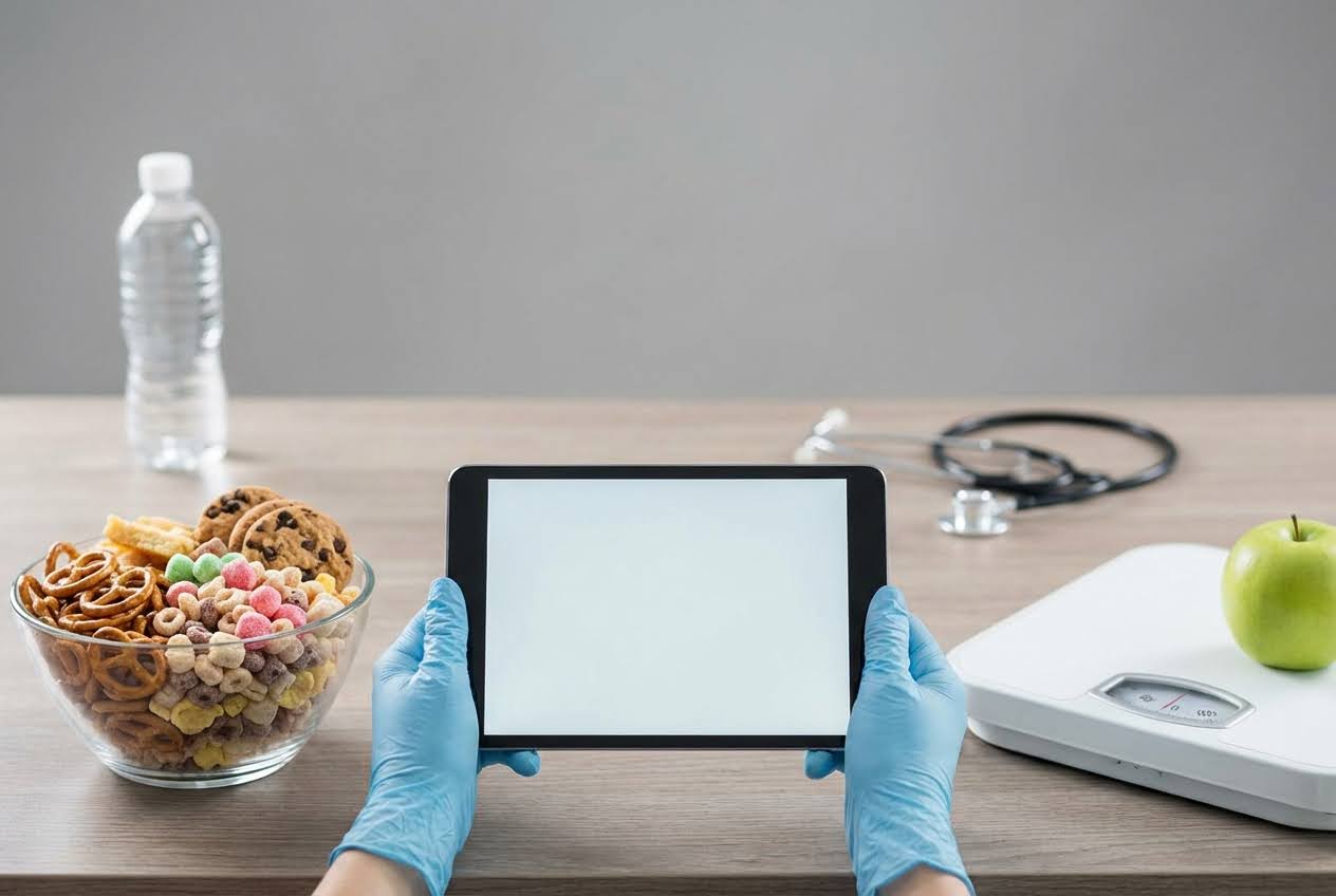 Hands in blue gloves hold a tablet with a blank screen, surrounded by a bowl of snacks, a scale with an apple, and a stethoscope.