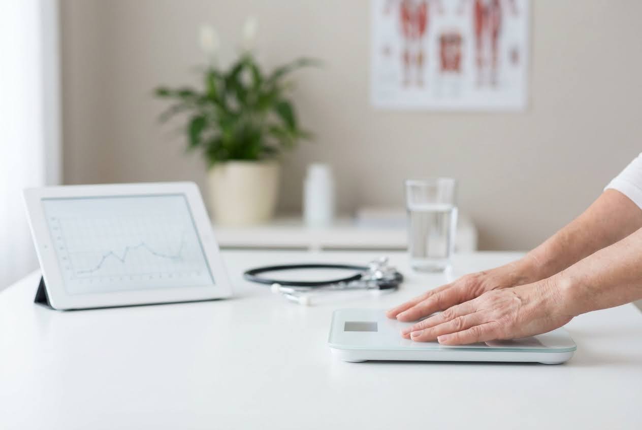 Hands on a smart scale, with a tablet displaying a graph, stethoscope, and water glass on a white desk