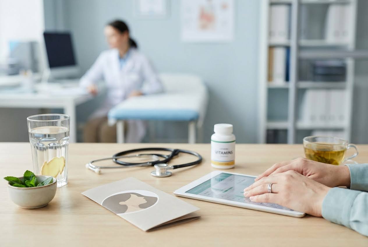 Medical office desk with a tablet displaying a health app, a stethoscope on a journal, a clock, and a cup of tea.