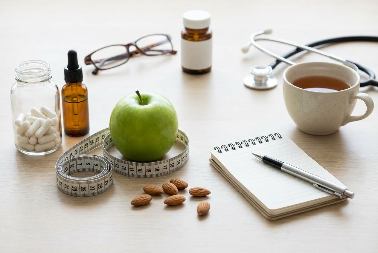 Health and wellness items: green apple, measuring tape, supplements, almonds, tea, notebook, stethoscope.