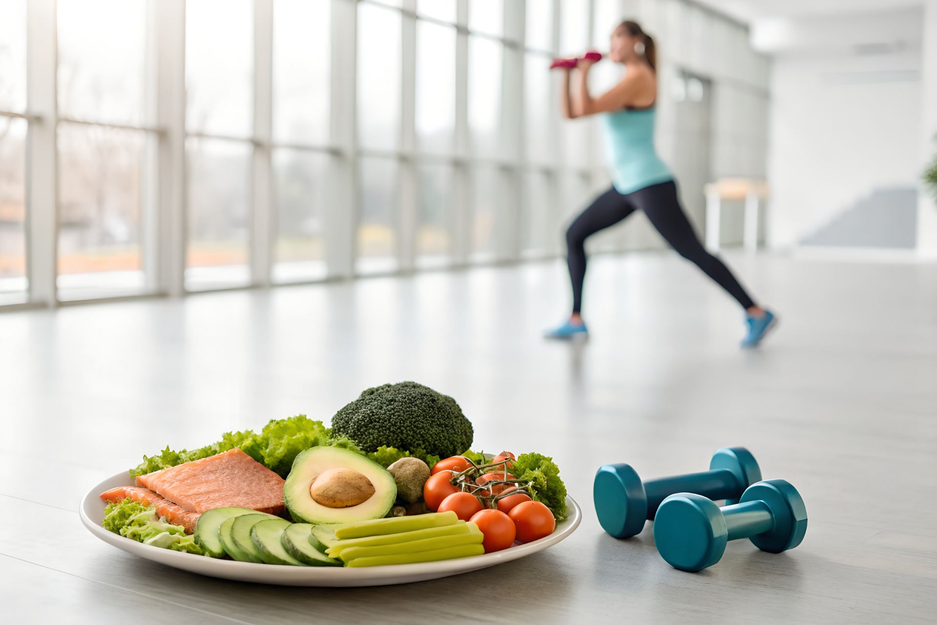 Healthy meal plate with vegetables and salmon beside dumbbells, with a woman exercising in the background