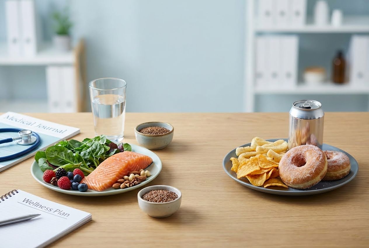Healthy salmon, berries, and nuts on a plate contrasted with donuts, chips, and a soda can on a wooden table.