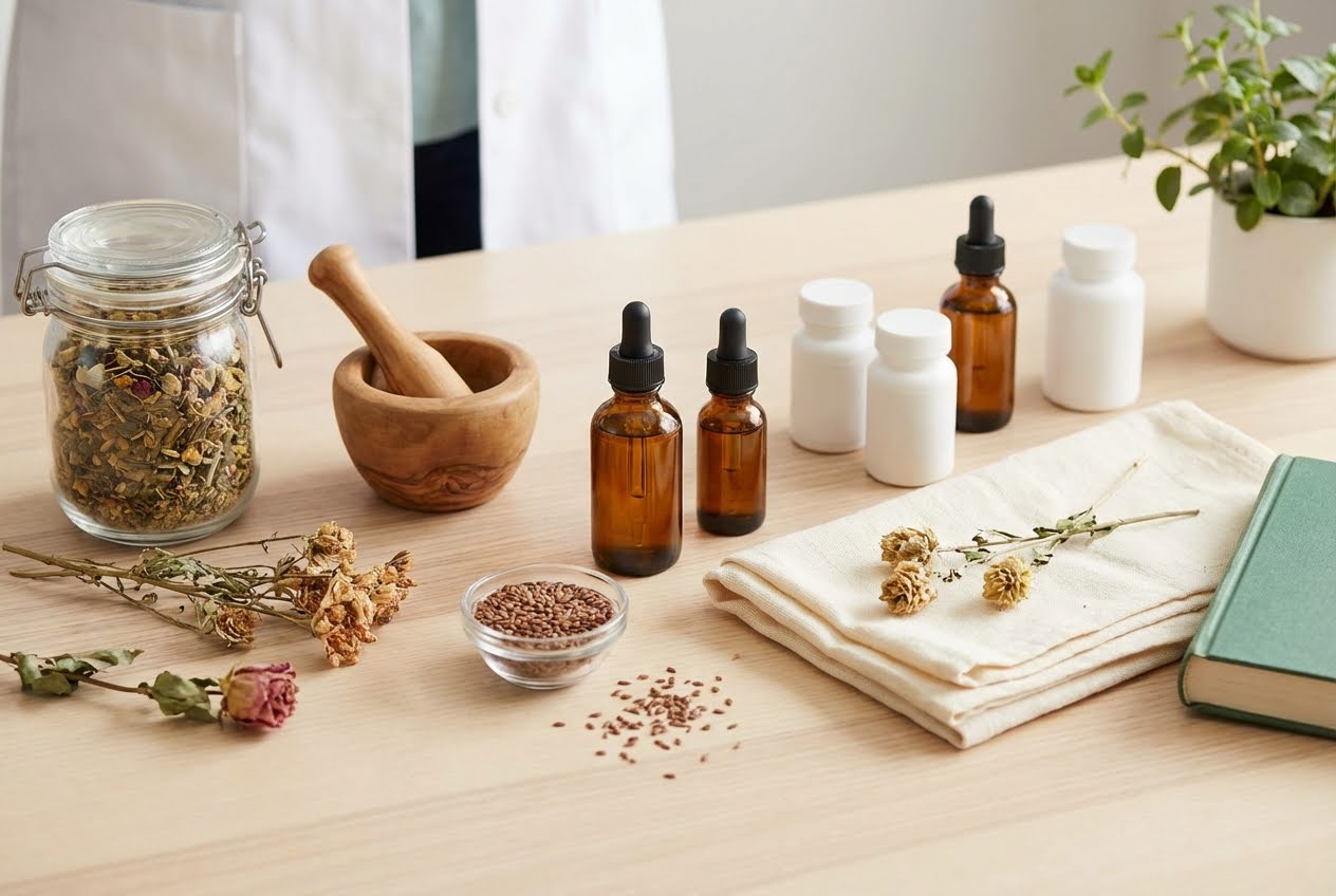 Herbal remedies on a light wooden table: a jar of dried herbs, a mortar and pestle, dropper bottles, pills, and dried flowers.