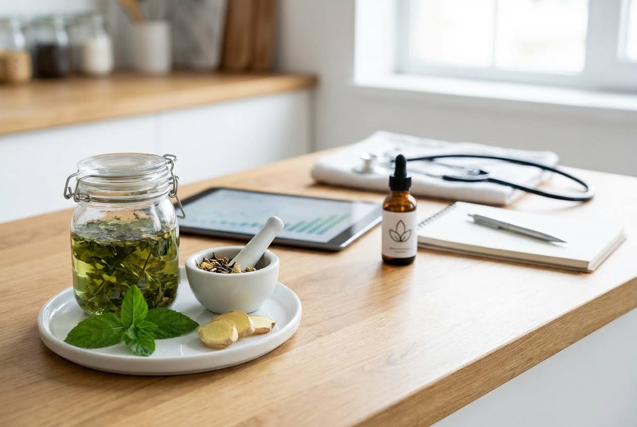 Herbal tea in a jar, mortar and pestle with herbs, ginger, and mint on a wooden table with a tablet and dropper bottle