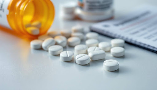 Hydrocodone pills spilled out of canister on to table.