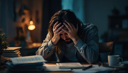 Man sitting at desk with hands on forehead.