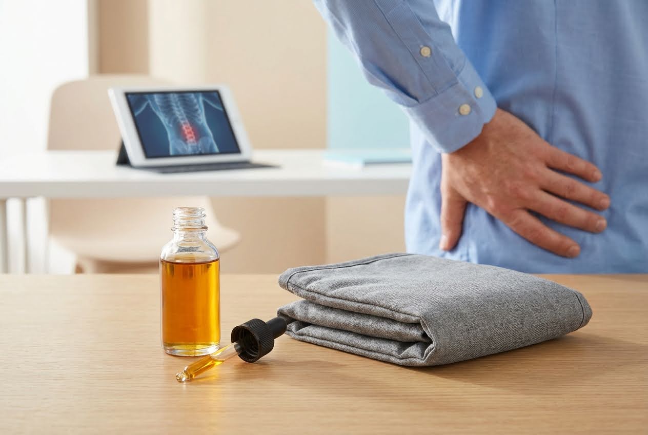 Man holding his lower back, with a CBD oil bottle and dropper, heat pack, and tablet displaying a painful spine.