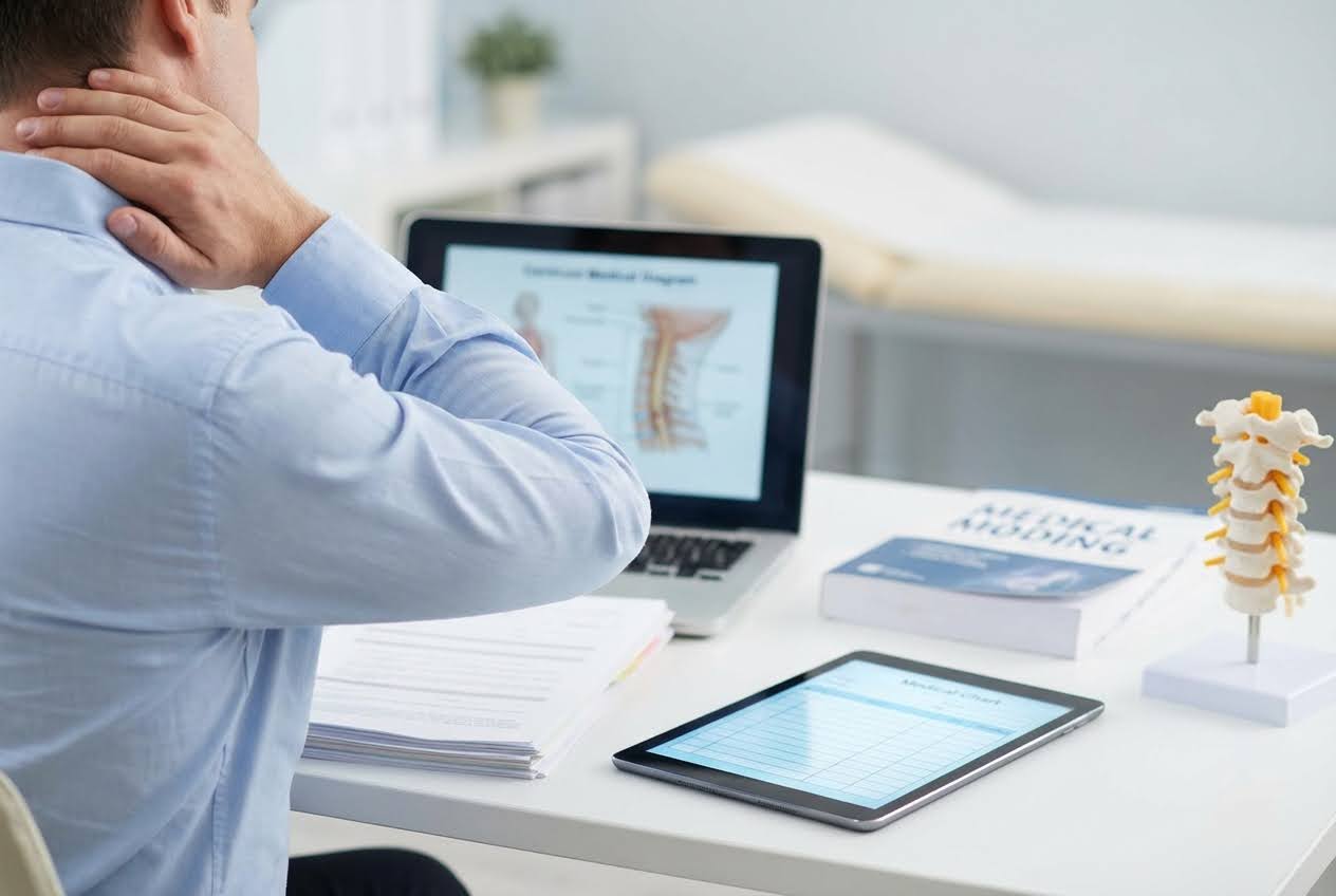 Man in a blue shirt rubbing his neck at a desk with a laptop showing a spine diagram, a tablet, and a spine model