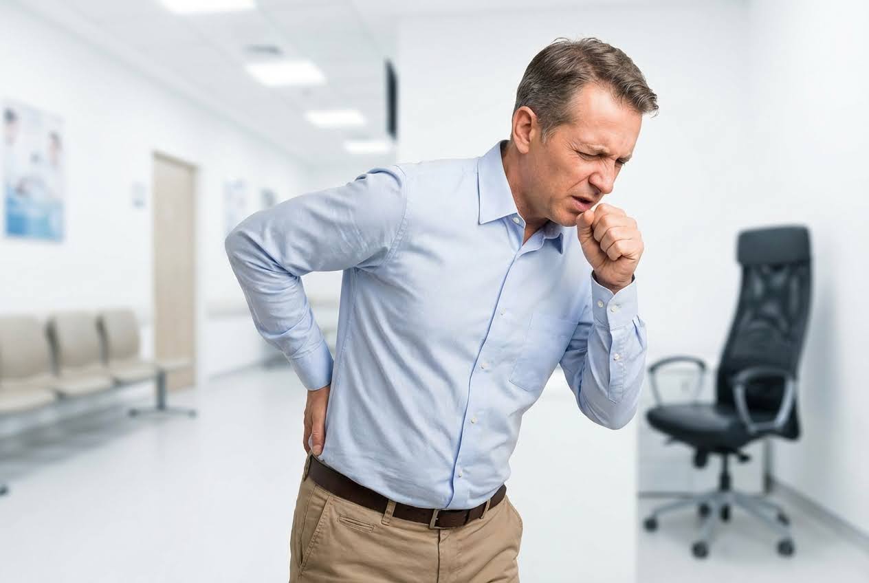 Man in a light blue shirt, coughing and holding his lower back in pain, standing in a bright, blurred office or clinic hallway
