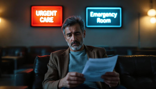 Man sitting concerned in waiting room looking over papers