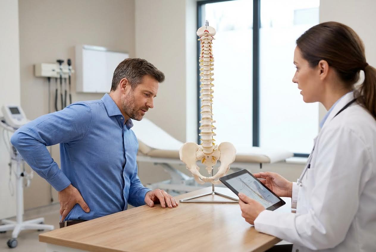 Man with back pain consults a female doctor holding a tablet, with a spine model on the table in a bright clinic