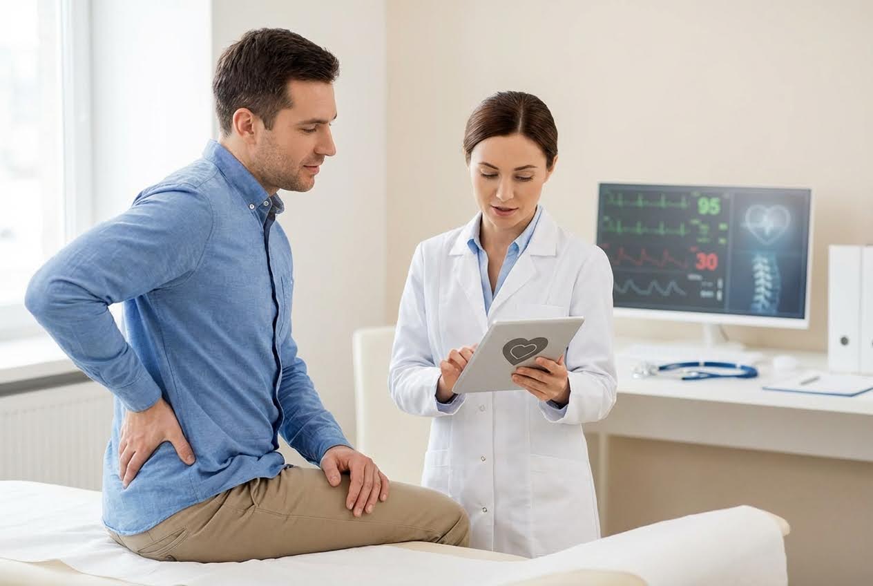 Man with back pain on exam table, doctor reviews tablet with heart icon, medical monitor in background.