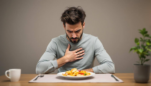 Man sitting at table to eat with hand on chest