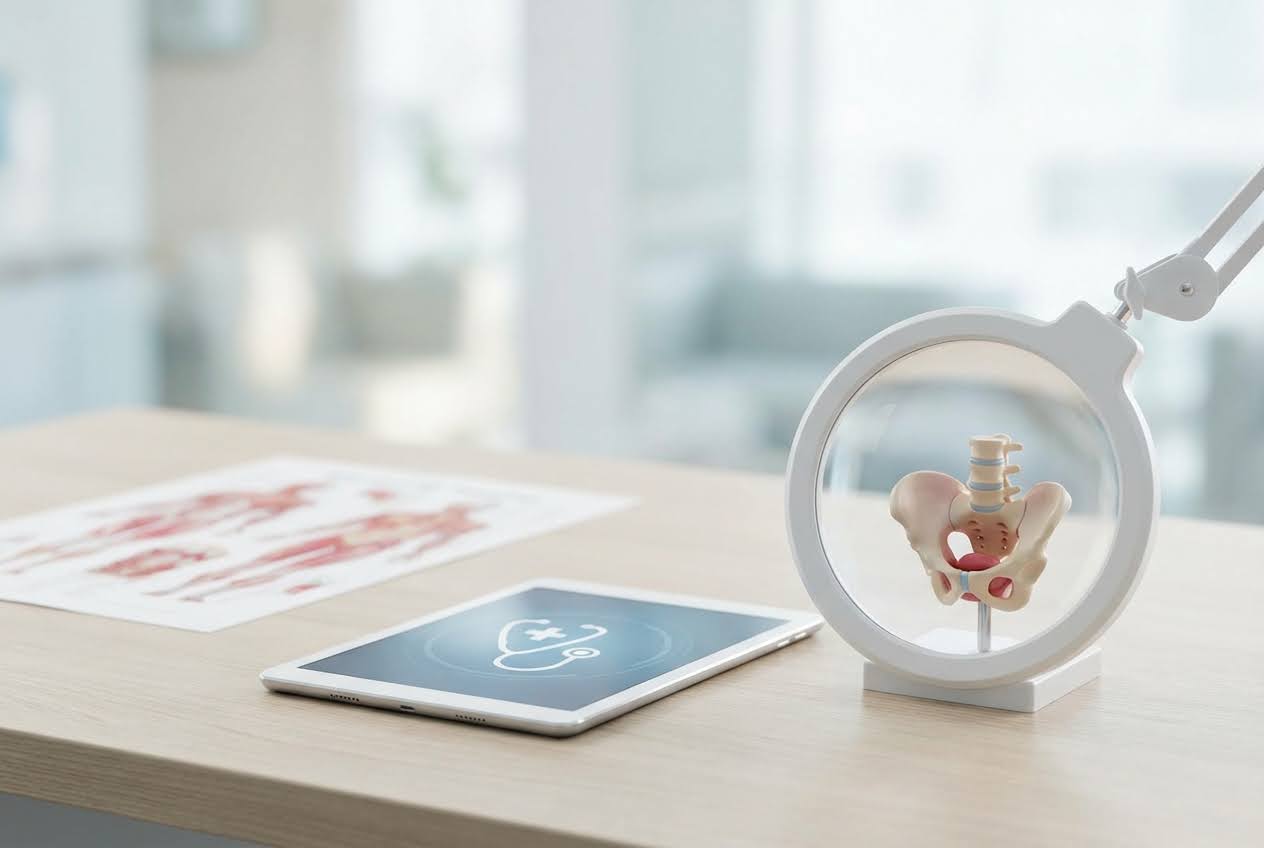 Medical desk with a pelvic model in a magnifying glass, a tablet, and anatomical charts.