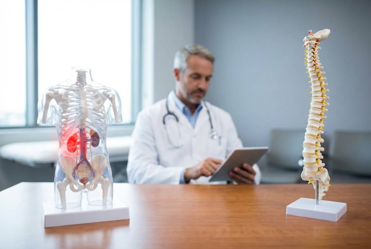 Medical models of a torso with a highlighted kidney and a spine on a desk, with a blurred doctor using a tablet in the background.