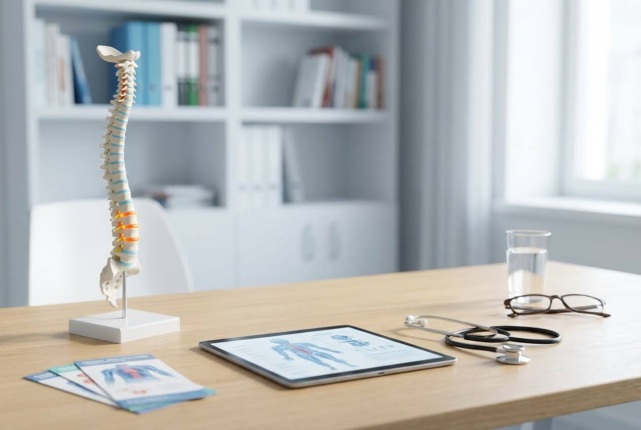 Medical office desk with a spine model, tablet displaying anatomy, stethoscope, glasses, and a water glass.