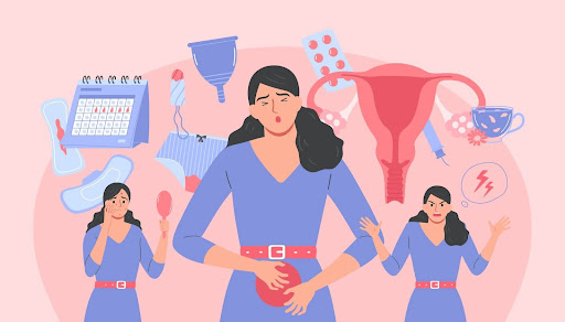 This illustration shows a frustrated woman with PCOS and Endometriosis conditions