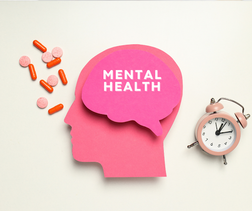 Mental health illustration with pills and alarm clock