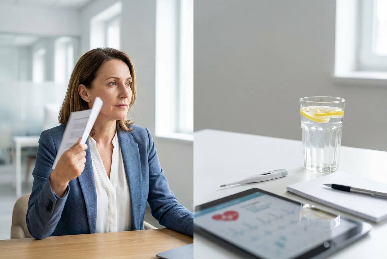 Middle-aged woman in a blue blazer fanning herself with papers, next to a table with a thermometer, lemon water, and a tablet