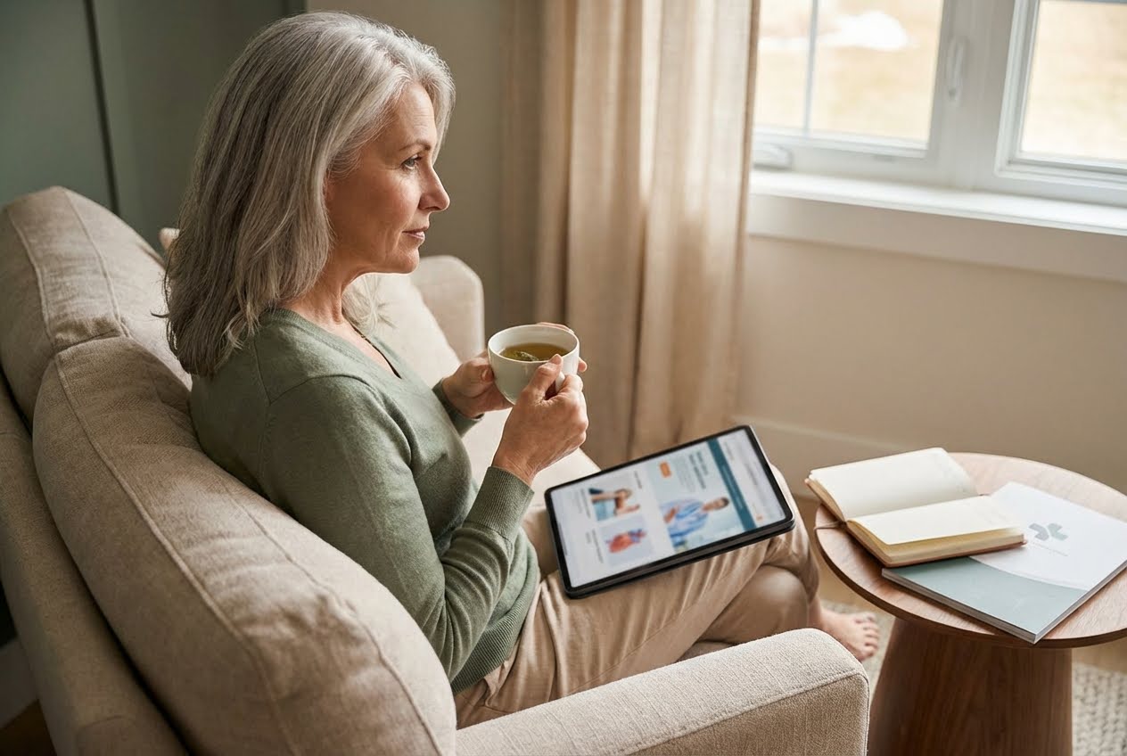 Middle-aged woman with gray hair, wearing a green sweater, sitting on a sofa, holding a teacup, and looking at a tablet.