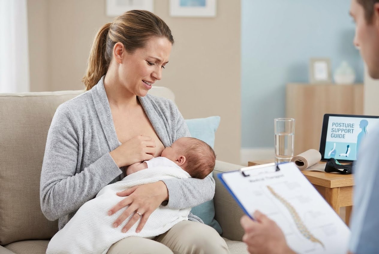Mother breastfeeding baby with a pained expression while a therapist reviews a spine diagram.