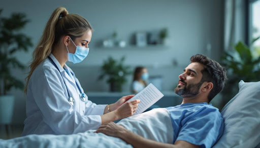Doctor speaking with patient laying in hospital bed