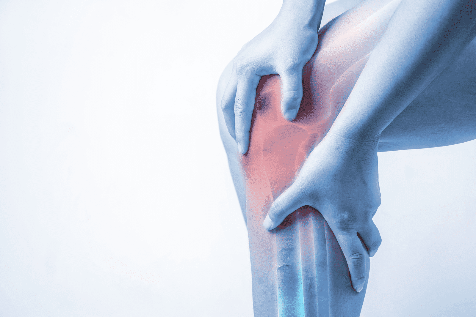 Person holding painful knee with highlighted joint.