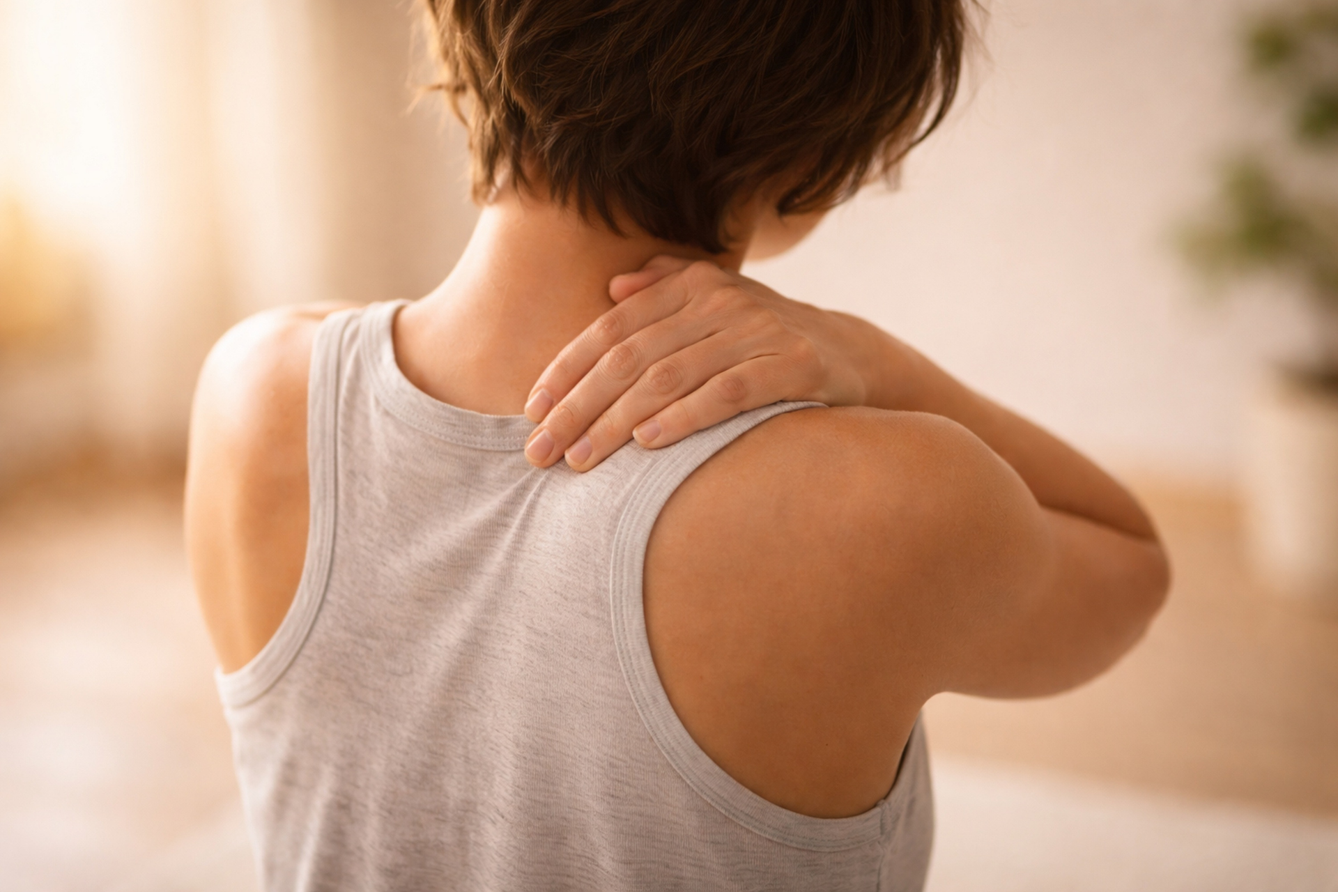 Person holding the back of their neck, showing neck and upper back pain