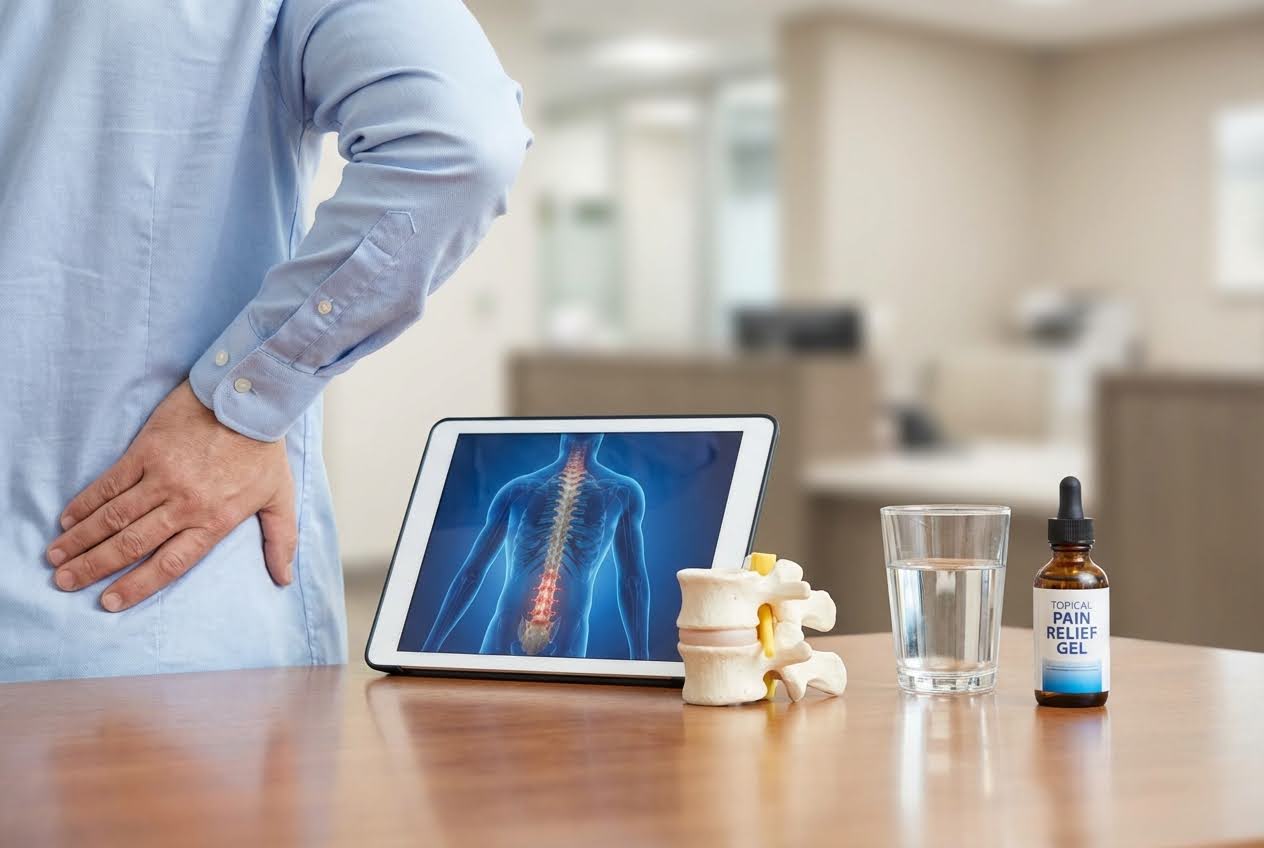 Person holding their lower back, next to a tablet showing a glowing spine, a model vertebra, and pain relief gel