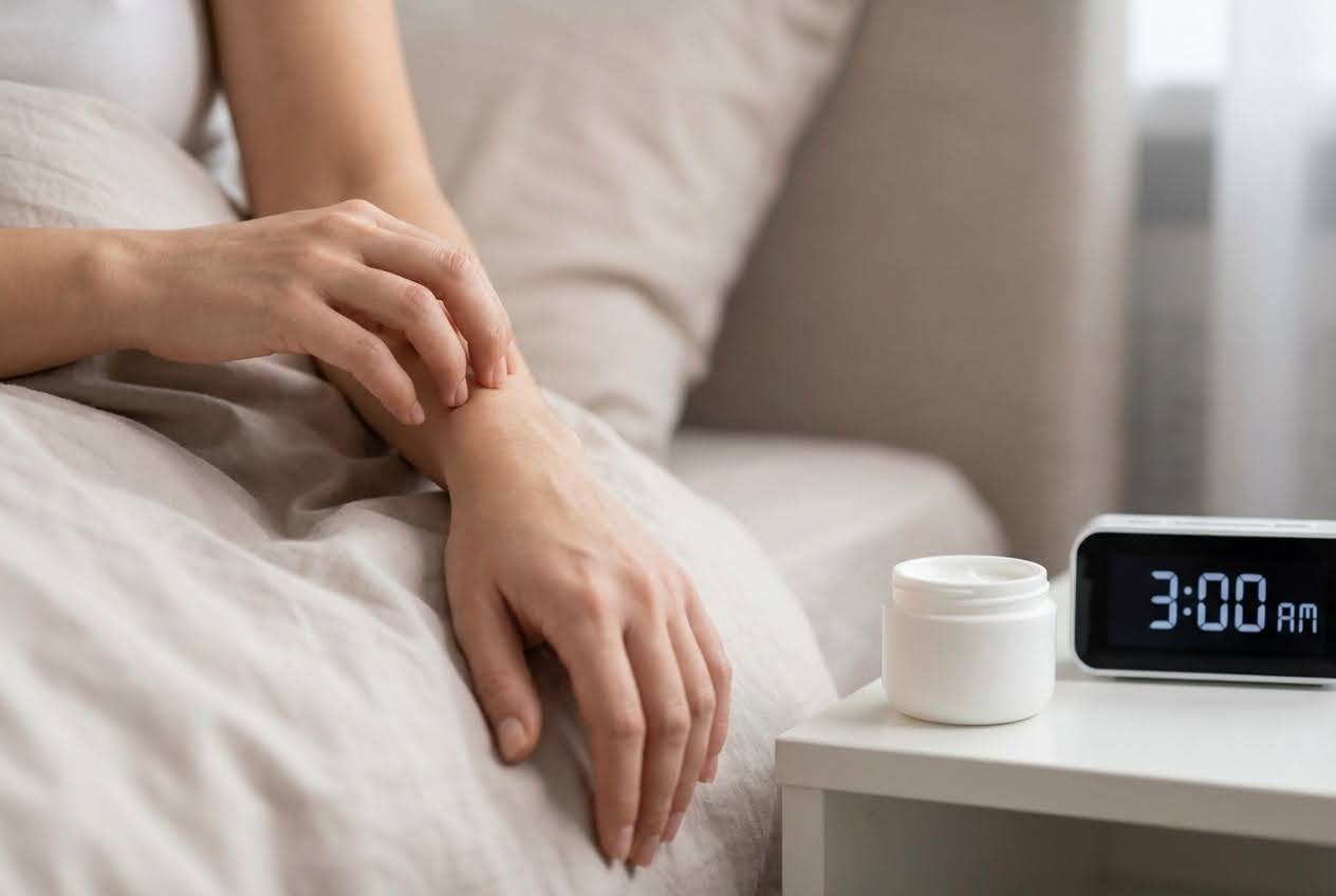 Person in bed scratching arm at 3 AM, with a jar of cream on the nightstand.